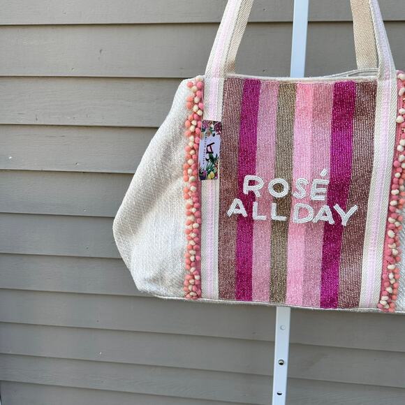 America and Beyond ROSE ALL DAY Tan Pink Large Tote Shoulder Beach Bag New - Picture 8 of 16